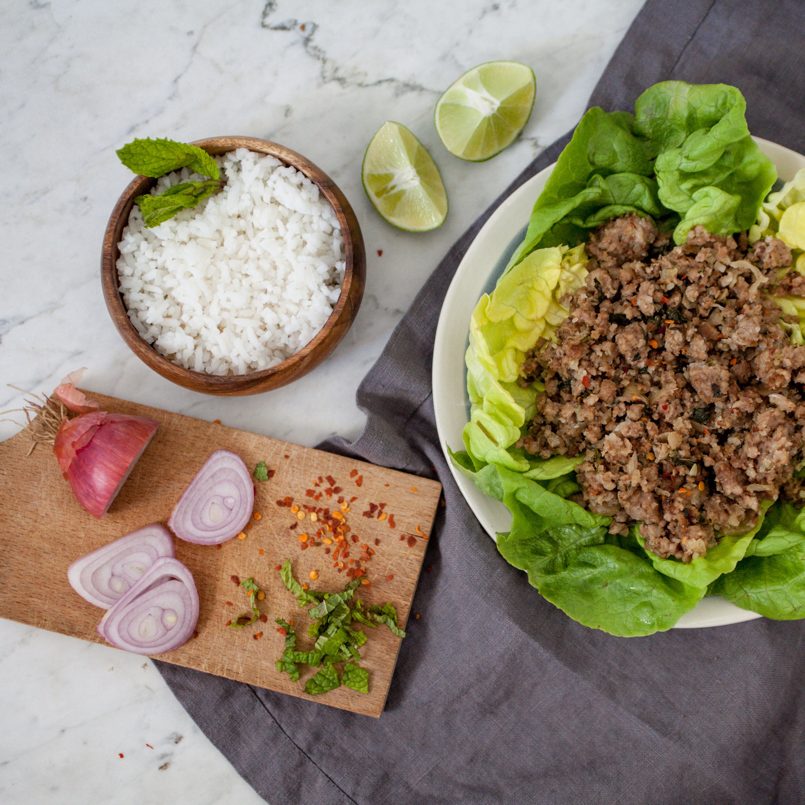 Thai Pork Larp w/Fresh Local Herbs, Lettuce Cups &amp; Sweet Chili Sauce