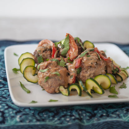 Frozen - Pork Meatballs w/Zucchini, Bell Pepper and Sesame-Tahini-Almond Sauce